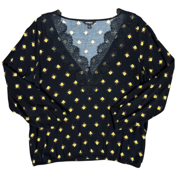 Women's EXPRESS Lace V-Neck Long Sleeve Popover‎ Top/Blouse | Size Medium - Picture 4 of 11